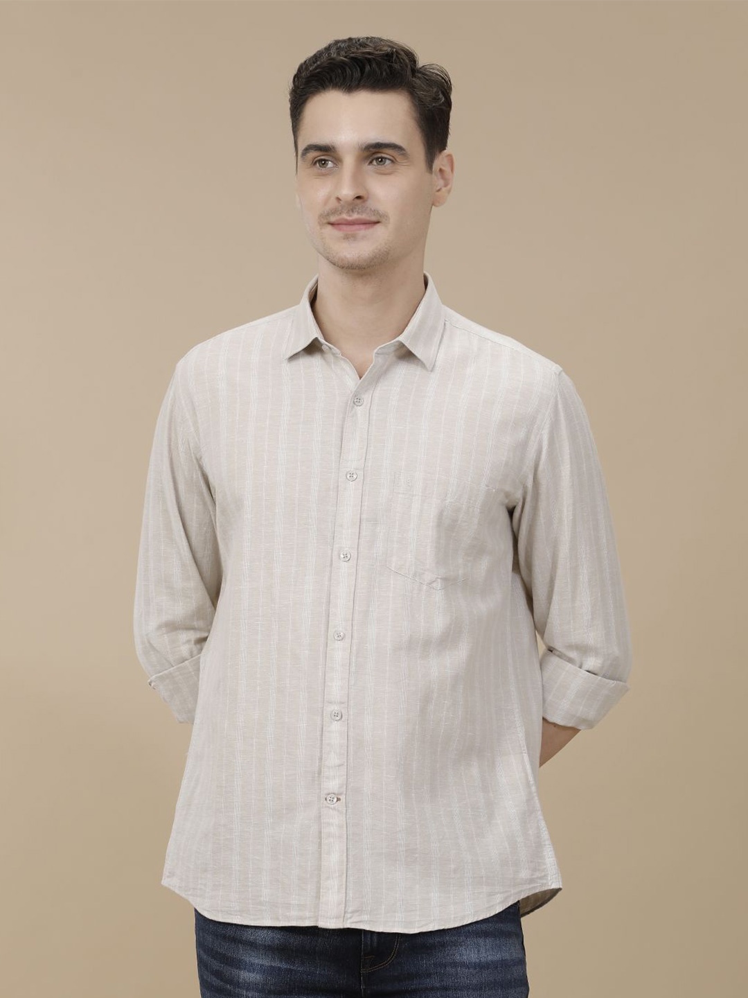 

CAVALLO by Linen Club Contemporary Slim Fit Multi Stripes Casual Shirt, Beige