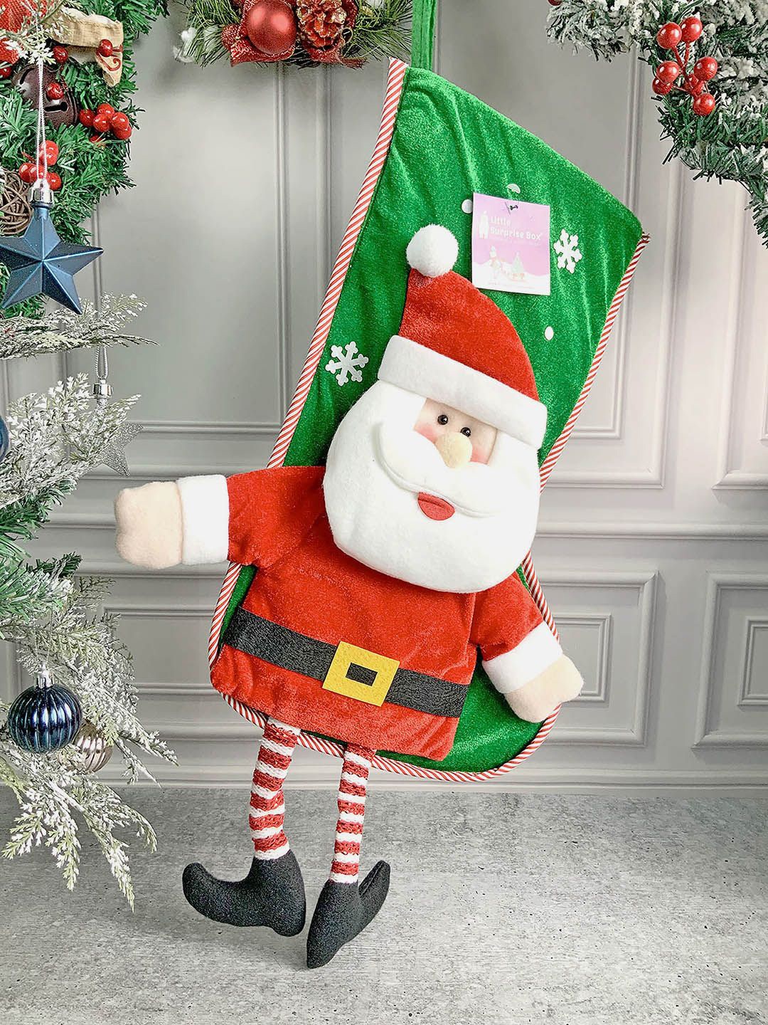 

Little Surprise Box LLP Green & Red Glitter Santa Christmas Stocking Festive Decor