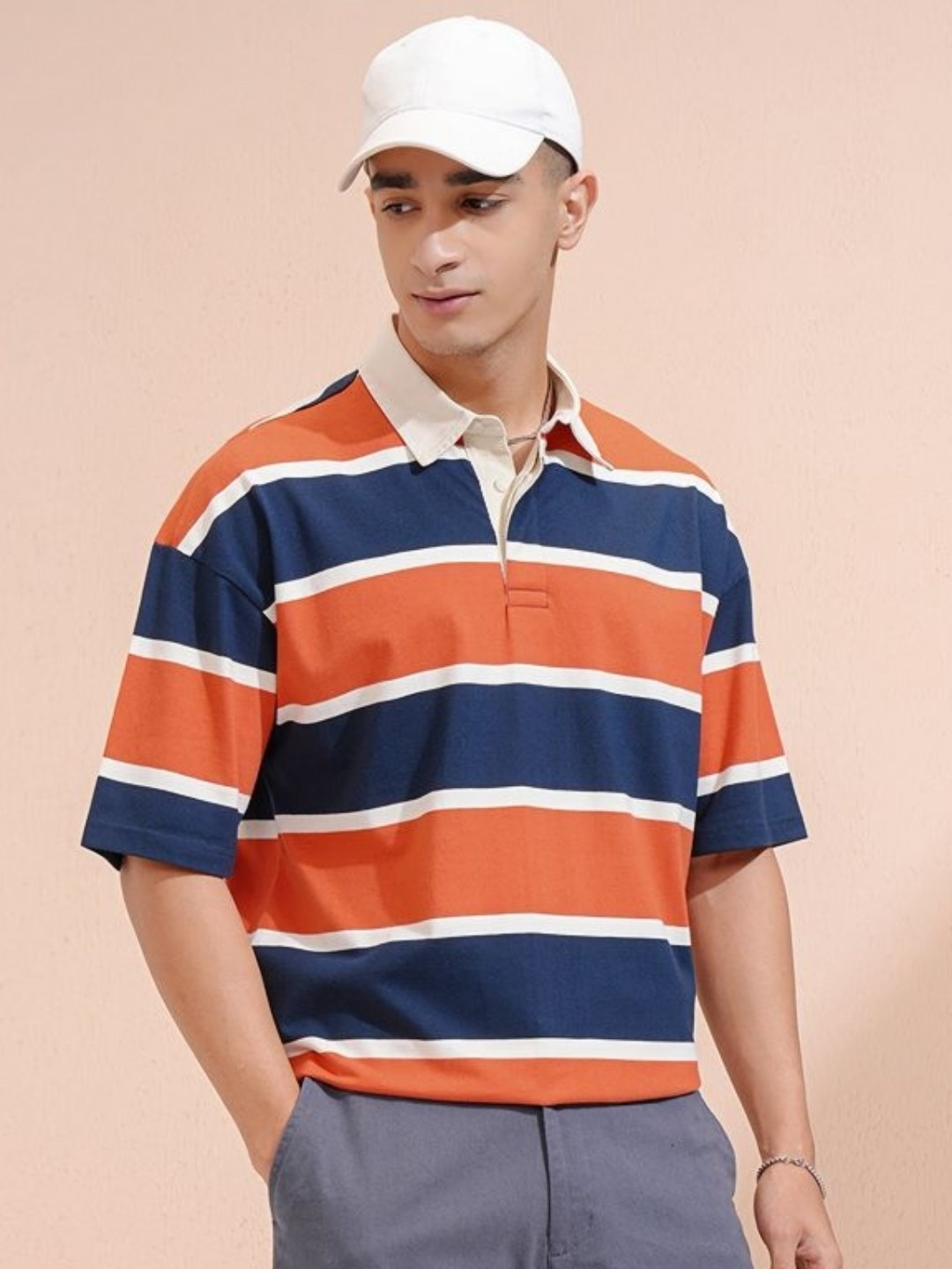 

HIGHLANDER Men Striped Polo Collar Drop-Shoulder Sleeves T-shirt, Navy blue