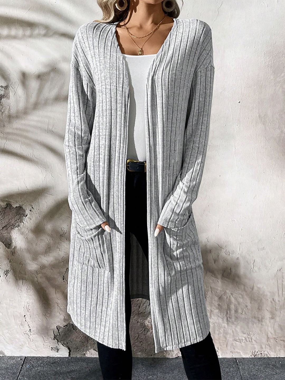 

StyleCast x Revolte Grey Striped Open Front Shrug