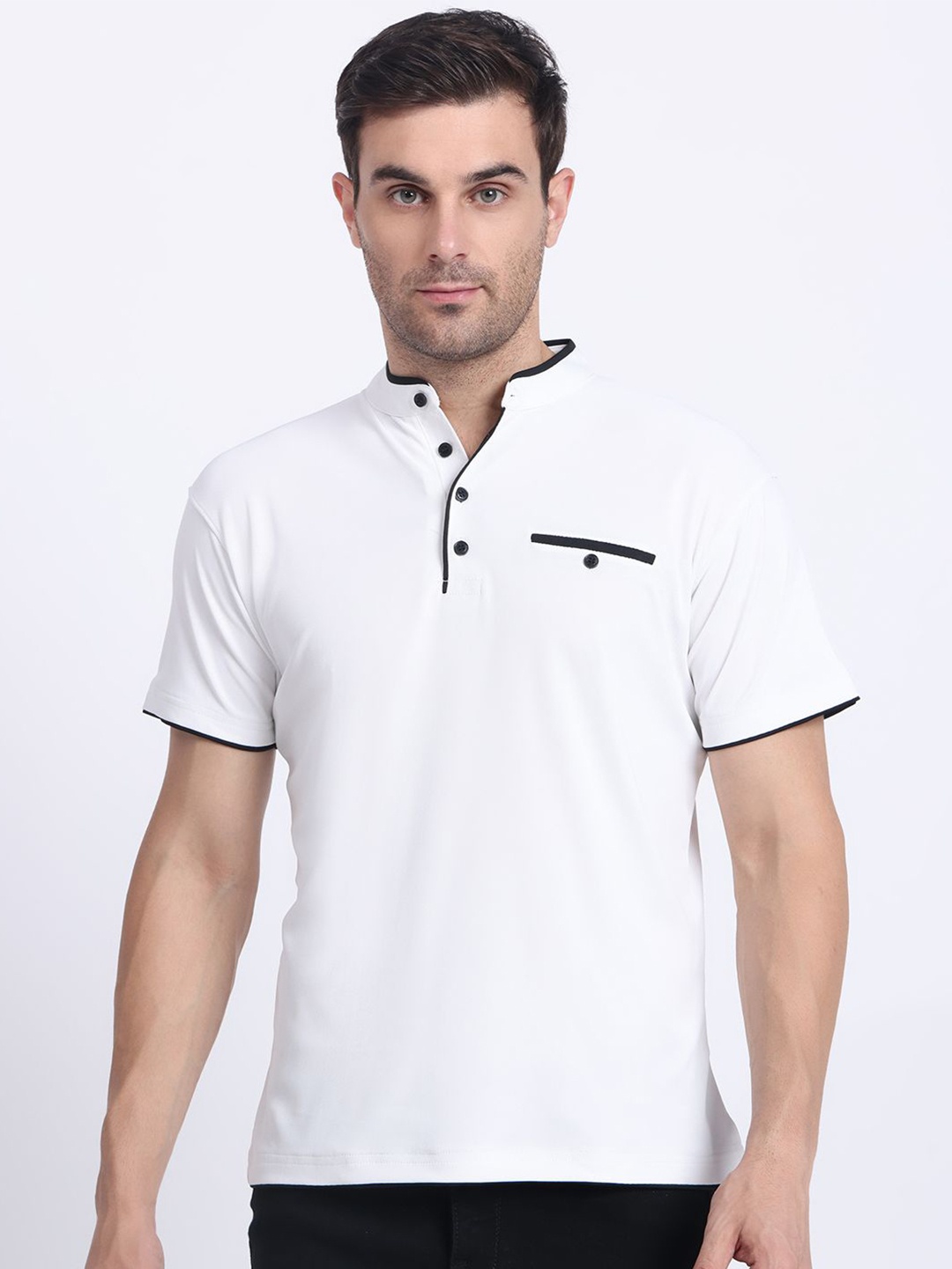 

N AND J Men Solid Mandarin Collar Polo T-shirt, White