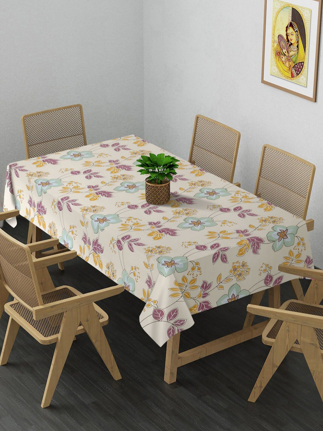 

Arrabi Beige & Blue Floral Printed 8-Seater Table Cover