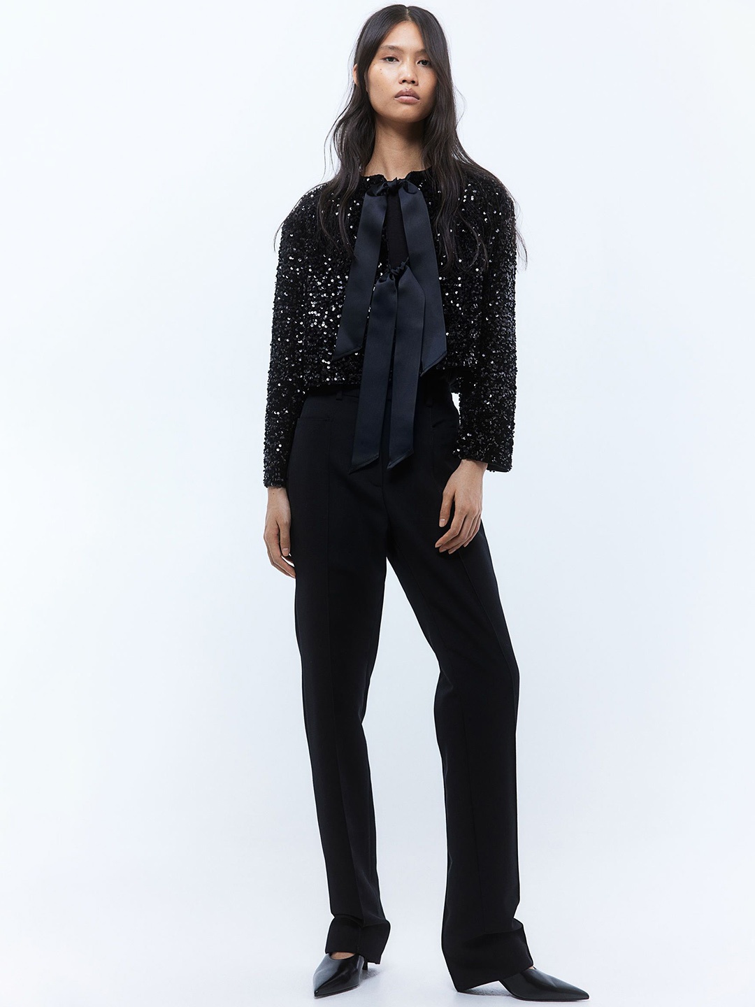 

H&M Sequined Bow-Front Jacket, Black