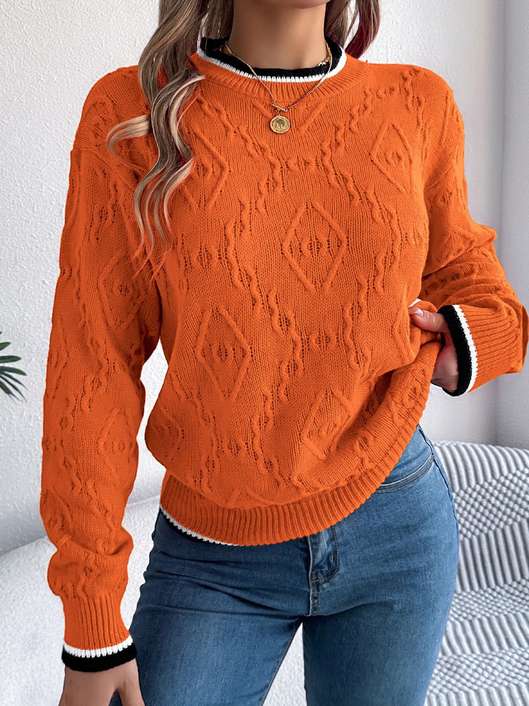 

StyleCast x Revolte Women Cable Knit Cardigan, Orange