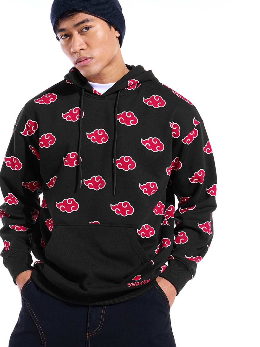 

Bewakoof Heavy Duty Men Printed Hooded Oversized Sweatshirt, Black