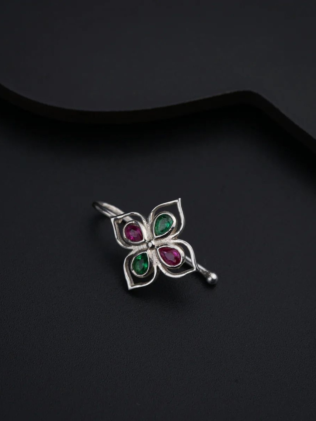 

House of Aadyaa Sterling Silver Oxidised Stone Studded Stud Nosepin