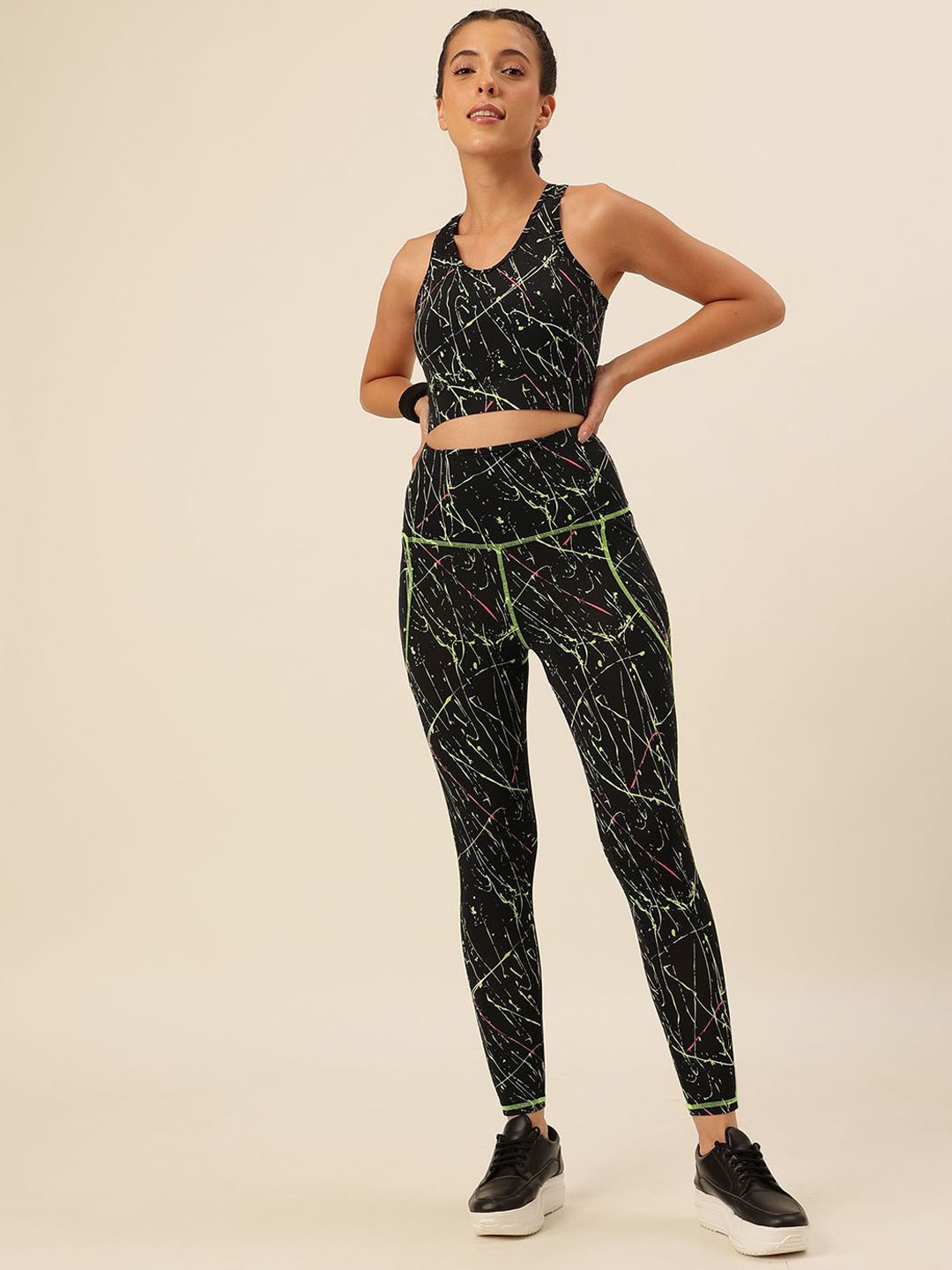 

CUKOO Women Abstract Printed Round Neck Sleeveless High-Rise Tracksuits, Black