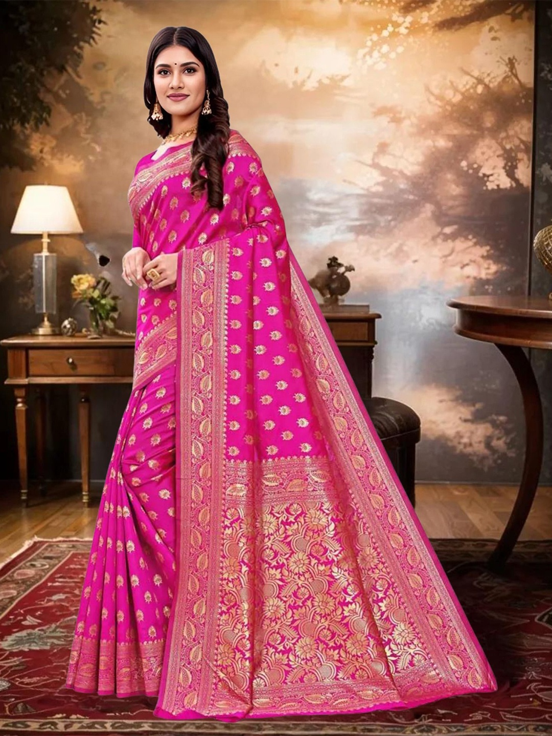 

KALINI Ethnic Motifs Woven Design Zari Banarasi Saree, Pink