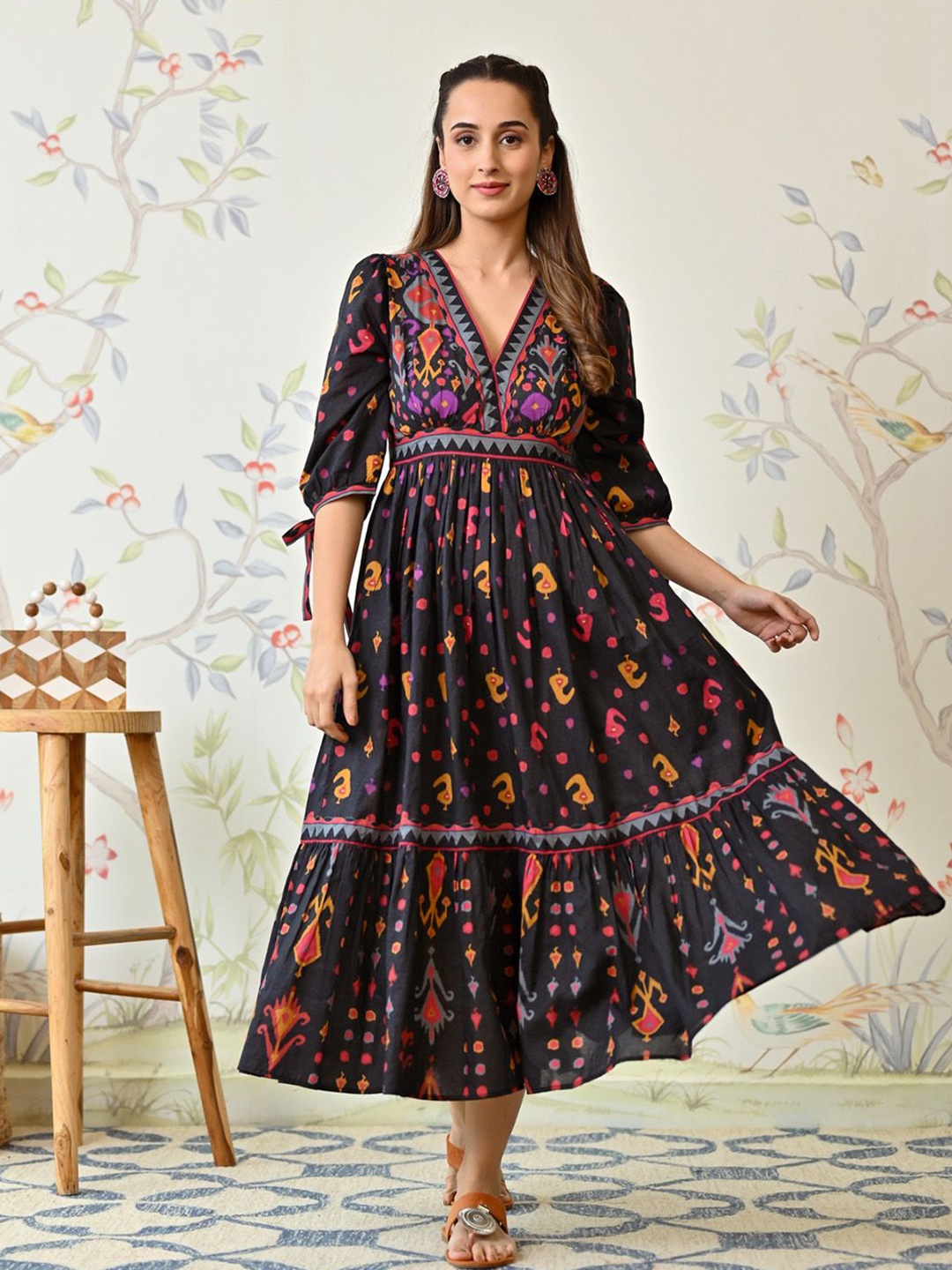 

Rustorange Women Floral Printed Cotton A-Line Maxi Dress, Black