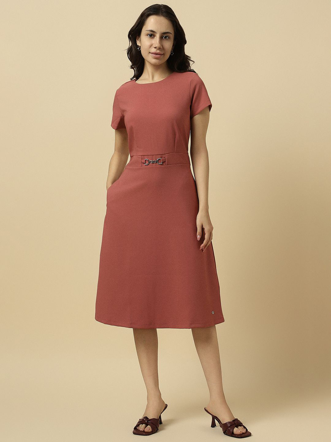 

Allen Solly Woman Short Sleeves A-Line Midi Dress, Maroon