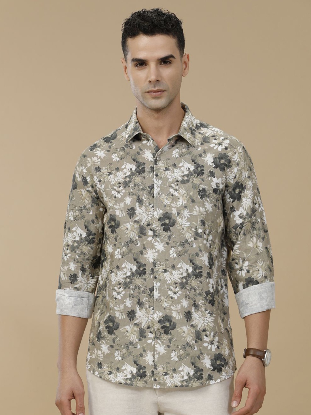 

Linen Club Contemporary Slim Fit Floral Printed Linen Cotton Casual Shirt, Green