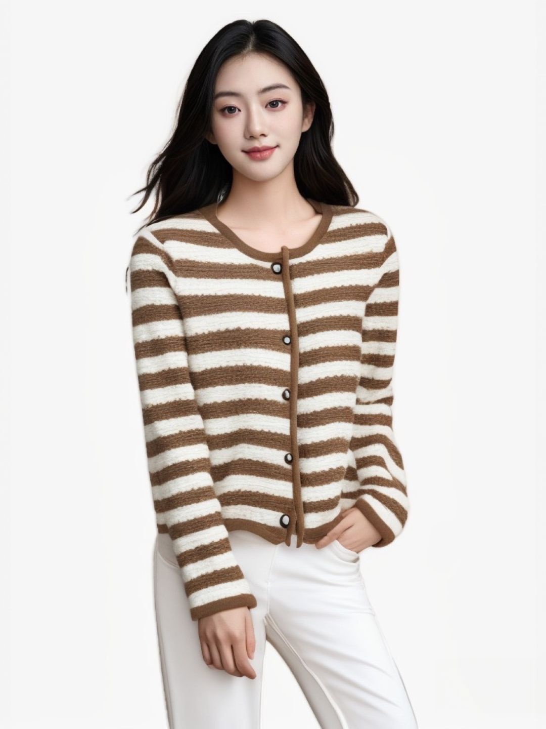 

StyleCast Women Striped Round Neck Long Sleeves Front-Open Sweaters, Khaki