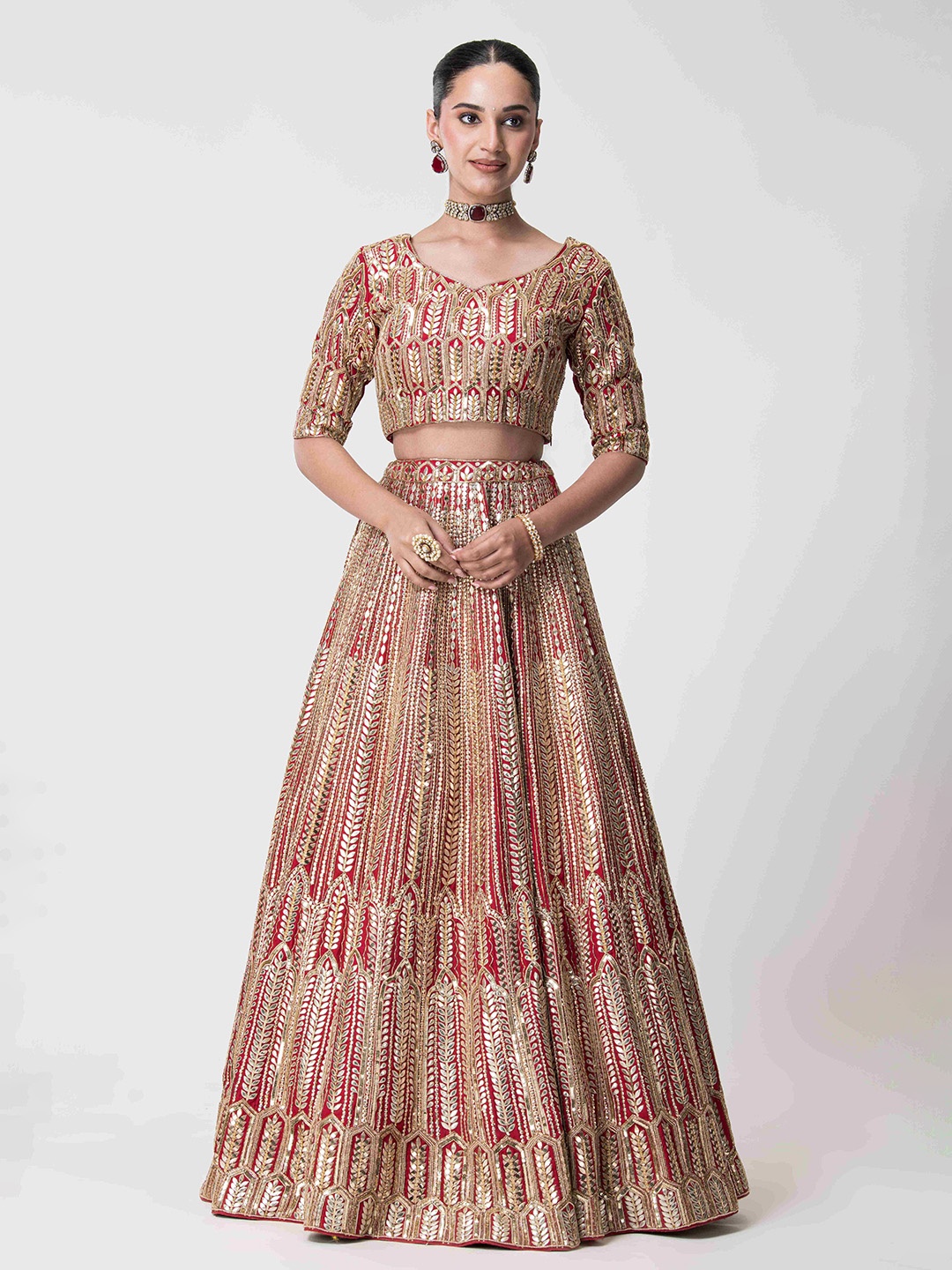 

The Front Row Embellished Ready to Wear Lehenga & Blouse With Dupatta, Red