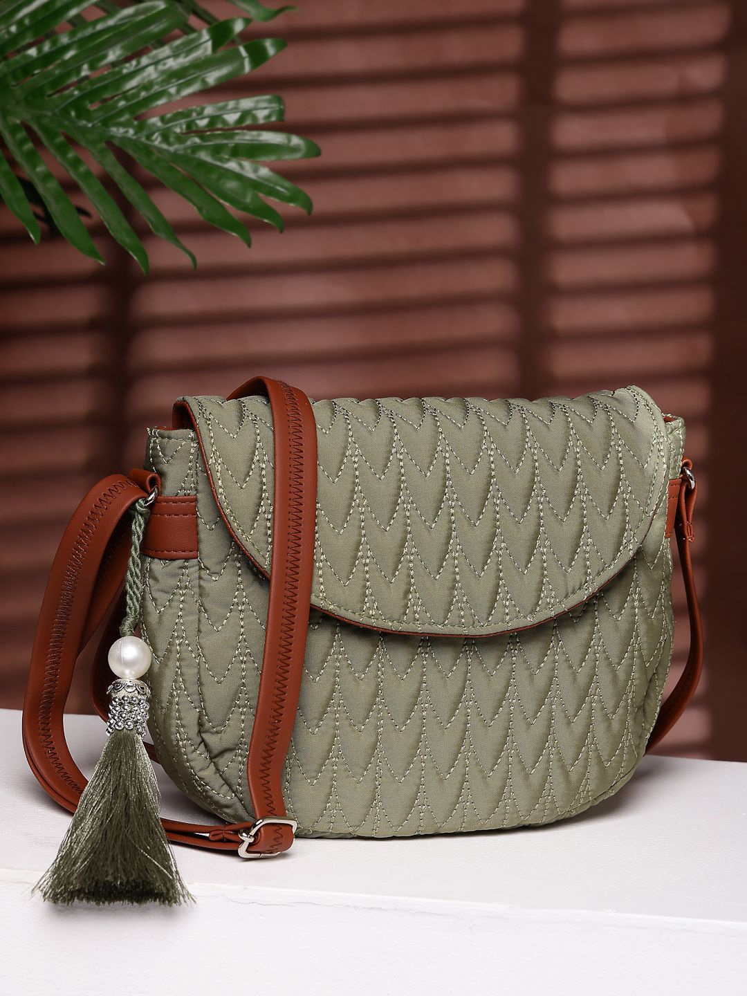 

Anekaant Crossbody Sling Bag With Tasselled, Olive