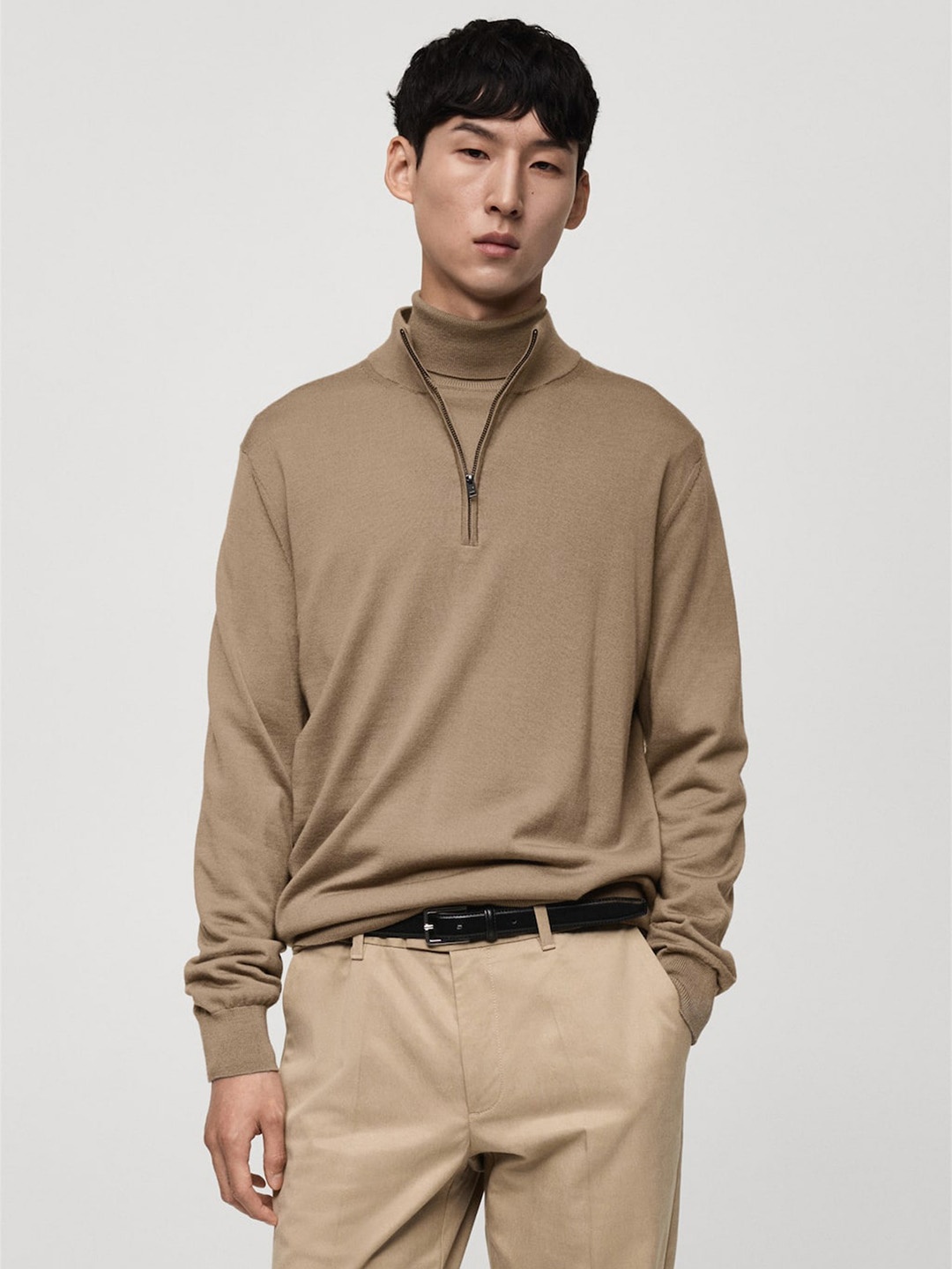 

MANGO MAN Woollen Half-Zipper Pullover, Beige