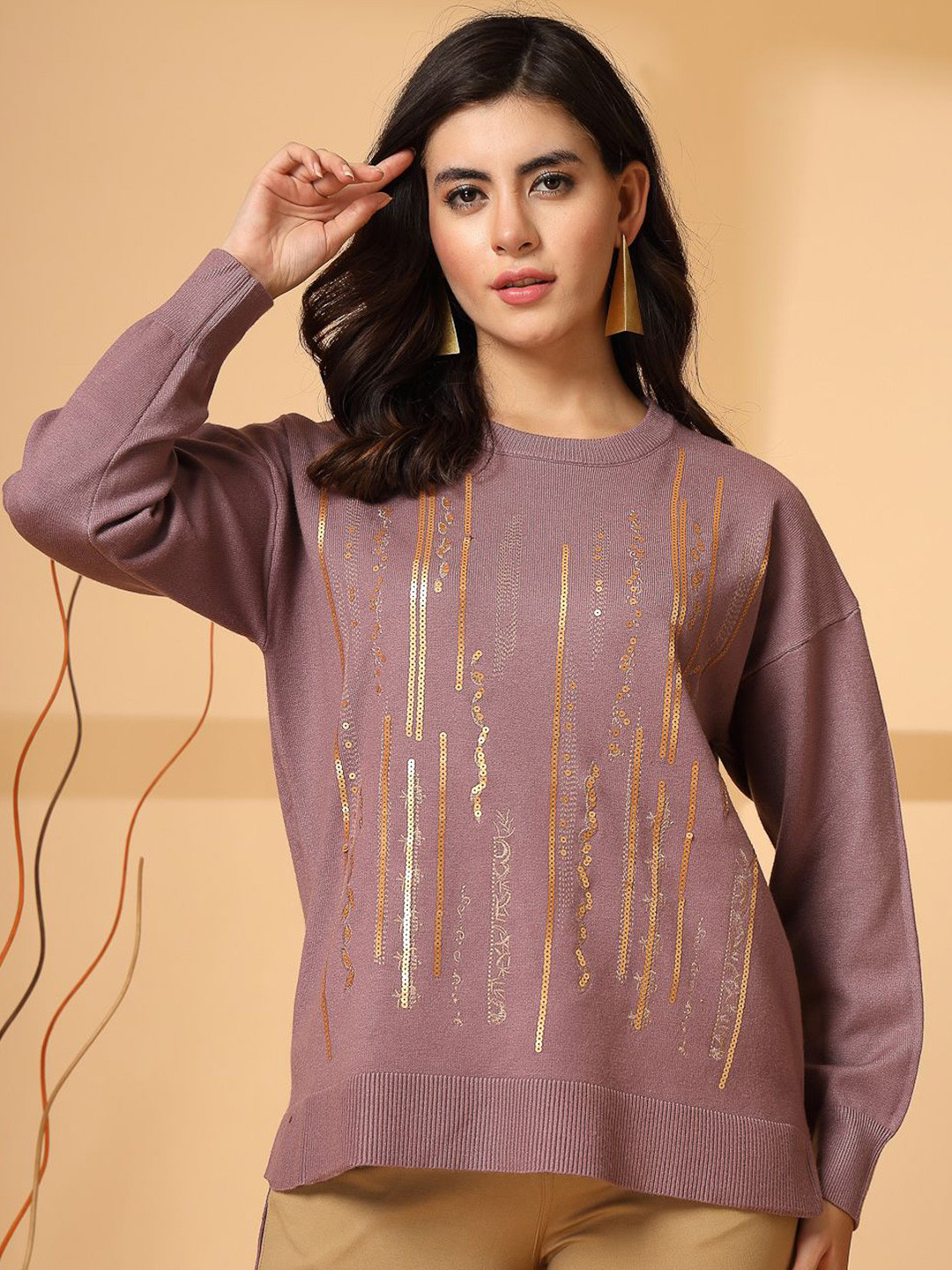 

Mafadeny Women Embellished Round Neck Long Sleeves Pullover Sweater, Pink