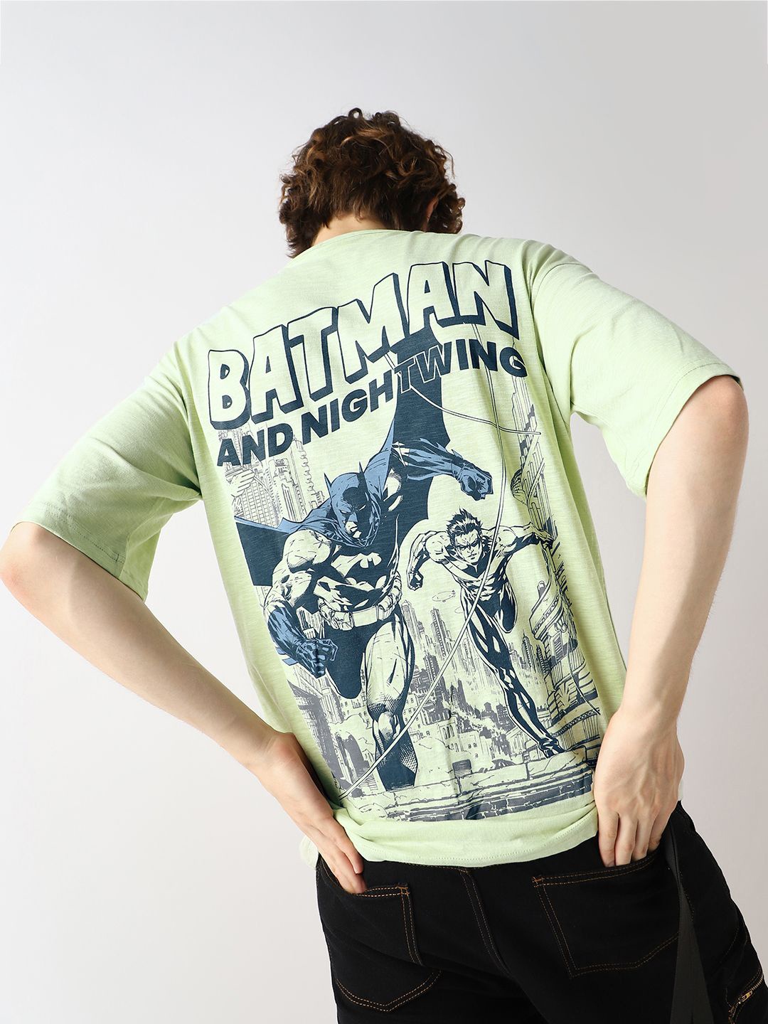 

Bewakoof AIR Batman & Nightwing Graphic Printed Pure Cotton Oversized T-shirt, Green