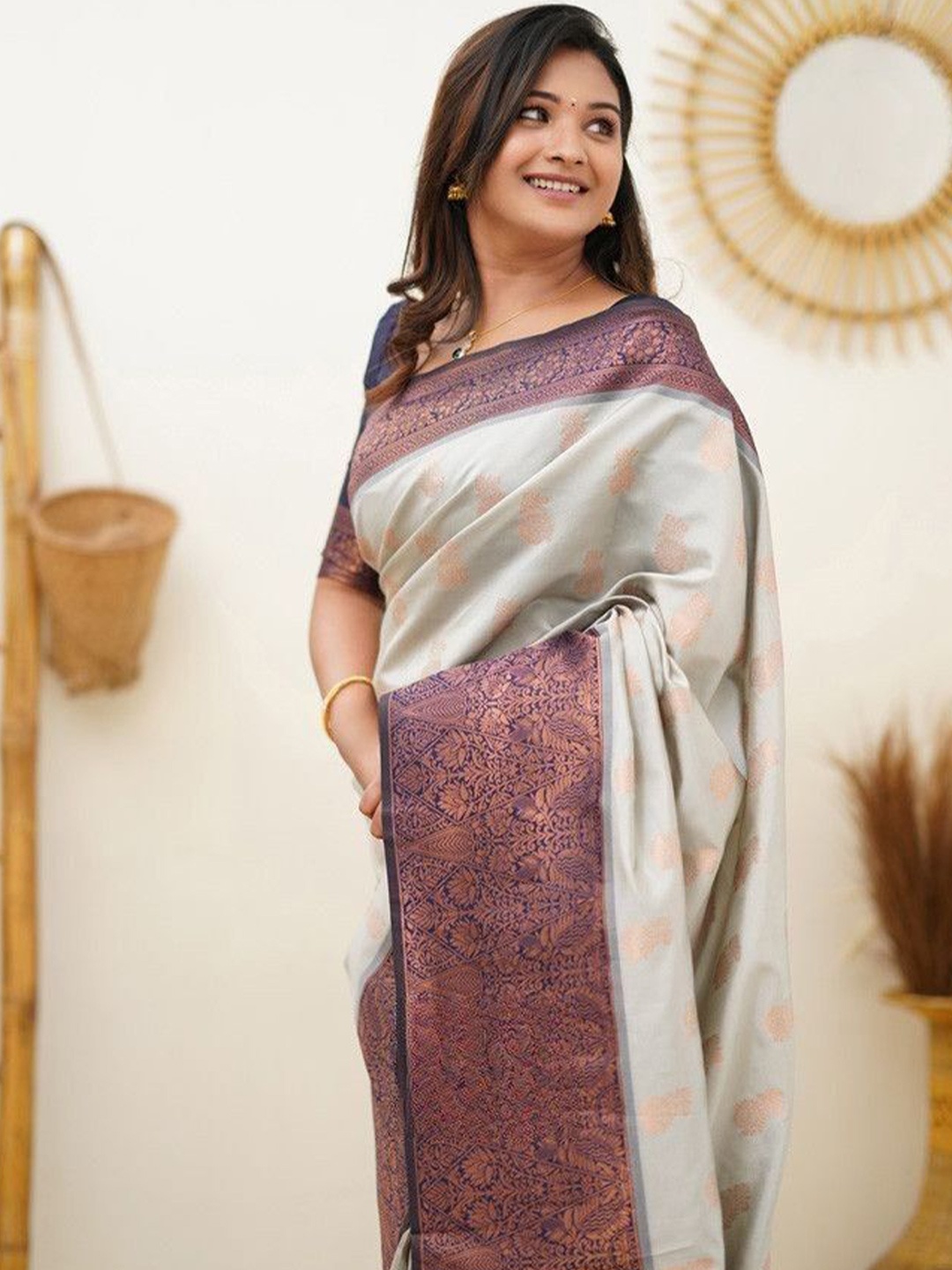 

Areca Designer Woven Design Pure Silk Banarasi Saree, Grey