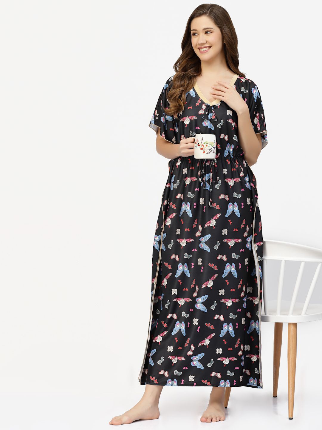 

CHUI MUI Women Printed Maxi Kaftan Nightdress, Black