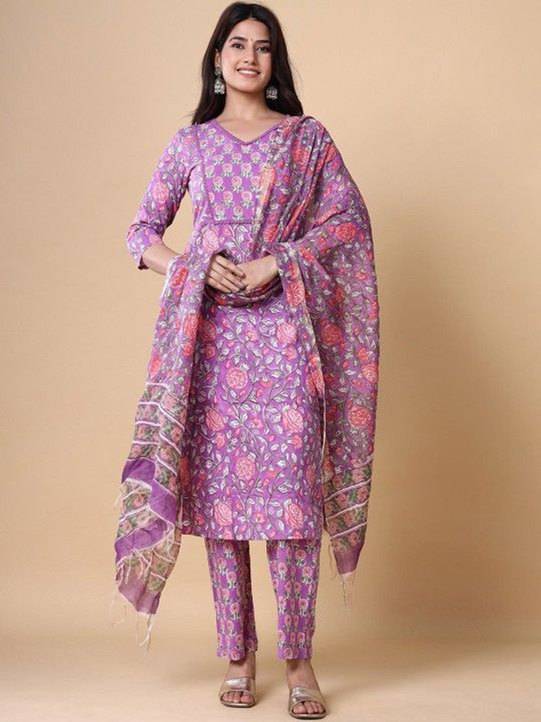 

Chandbaali Floral Printed Pure Cotton Straight Kurta With Salwar & Dupatta, Purple