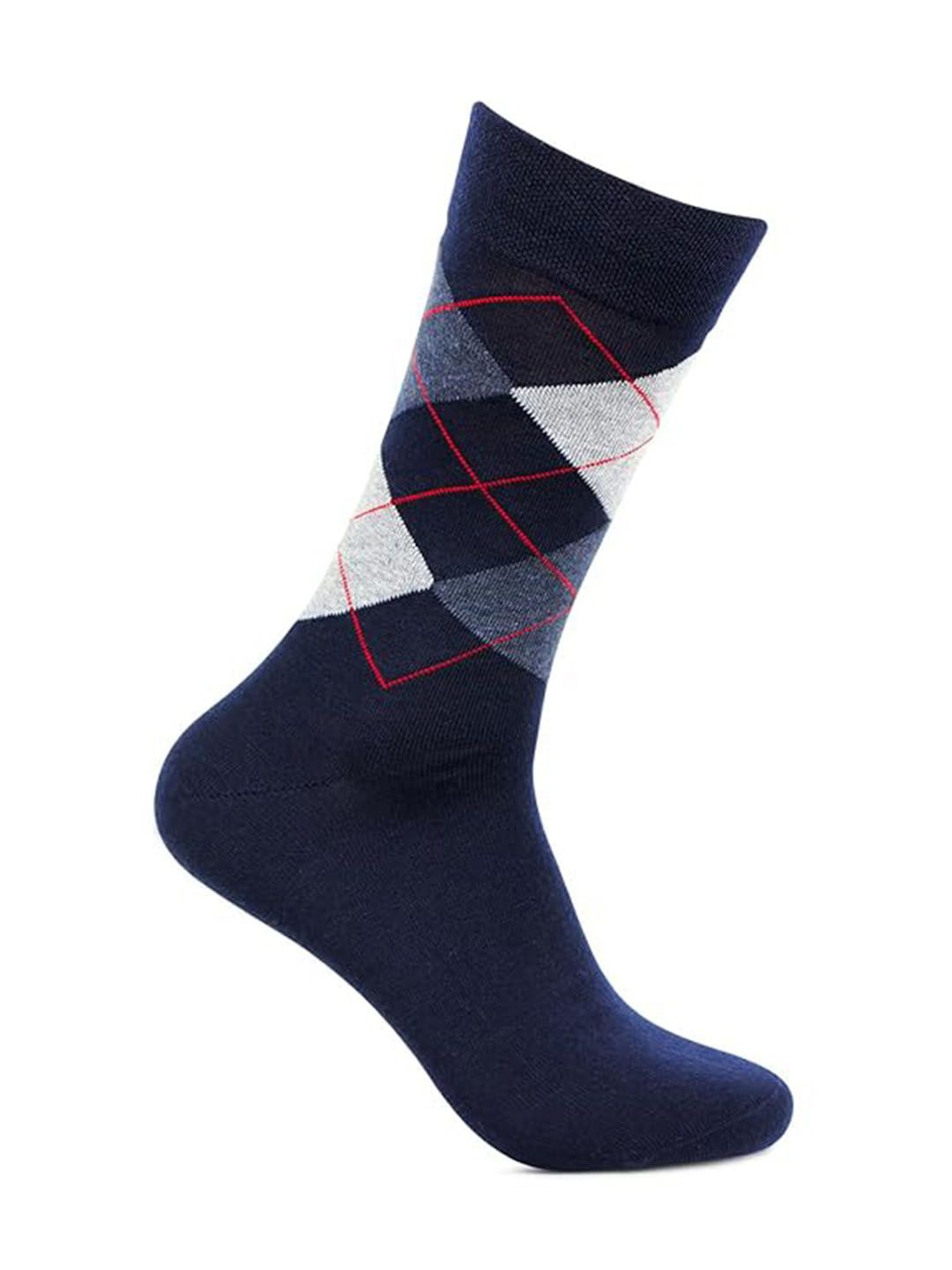 

Bonjour Men Patterned Pure Wool Argyle Calf-Length Socks, Blue