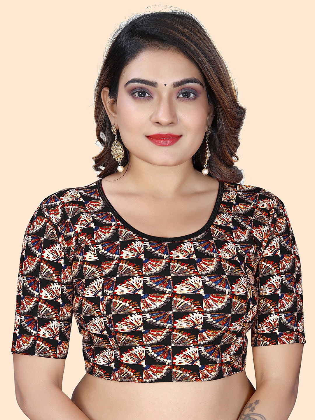 

SHREEJI DESIGNER Women Printed Round Neck Short Sleeves Stretchable Saree Blouse, Black