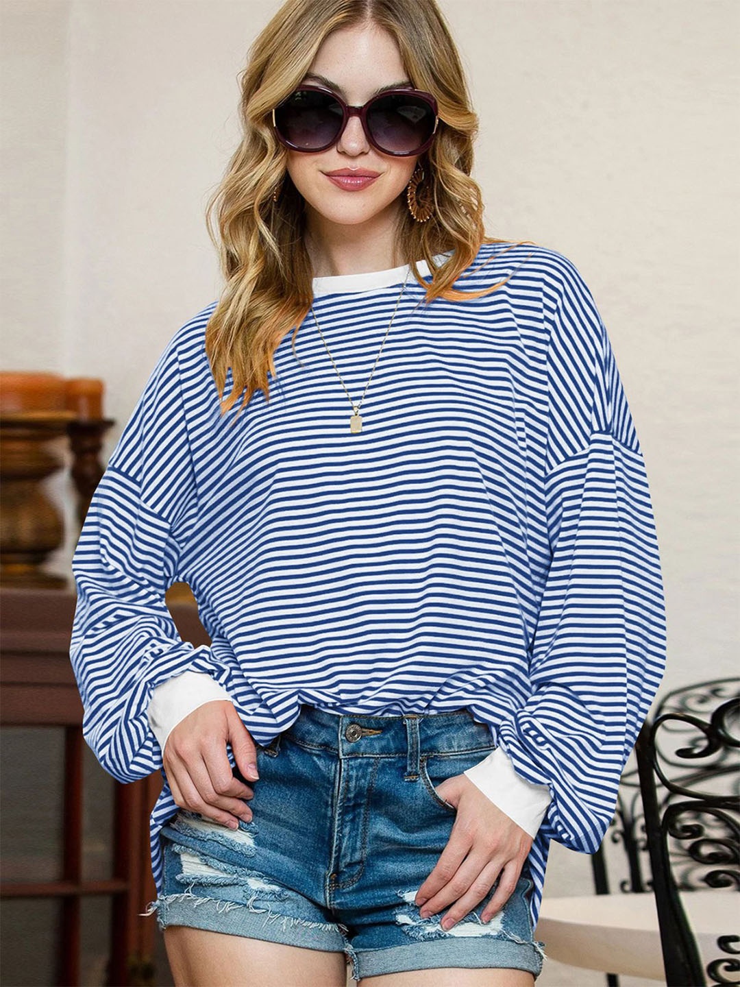 

StyleCast x Revolte Women Striped Round Neck Top, Blue