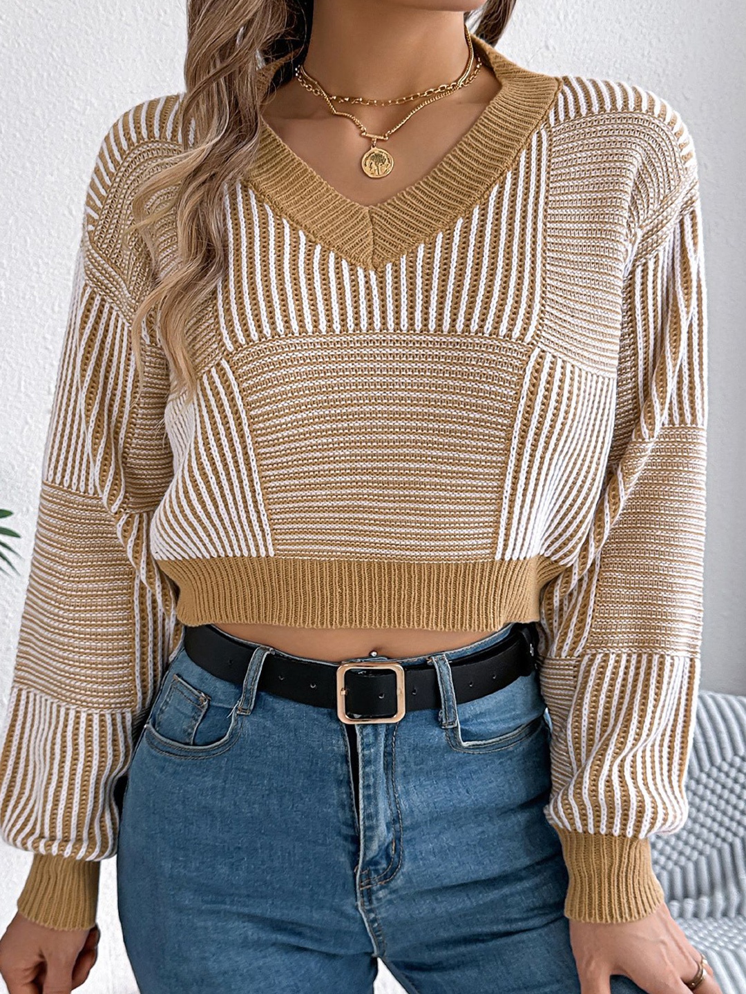 

StyleCast x Revolte Women Striped Crop Pullover Sweater, Khaki