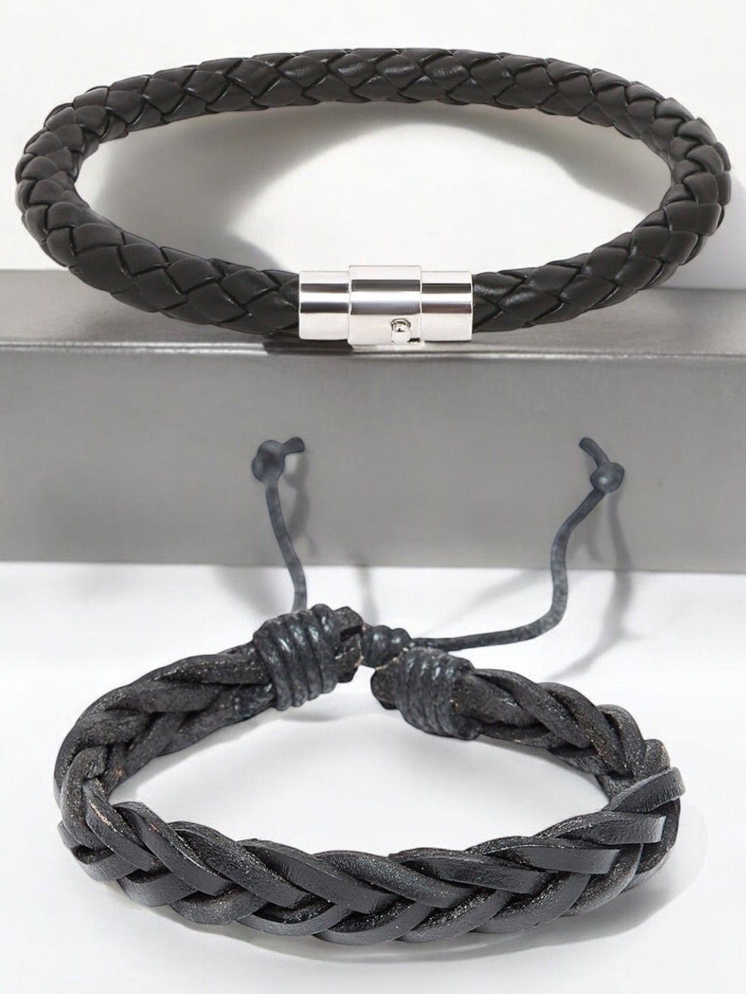 

OOMPH Men Set of 2 Braided Leather Wraparound Bracelets, Black