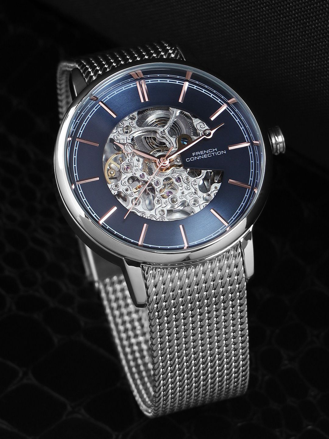 

French Connection Men Skeleton Dial & Stainless Steel Bracelet Style Straps Analogue Watch FCA11USM, Blue