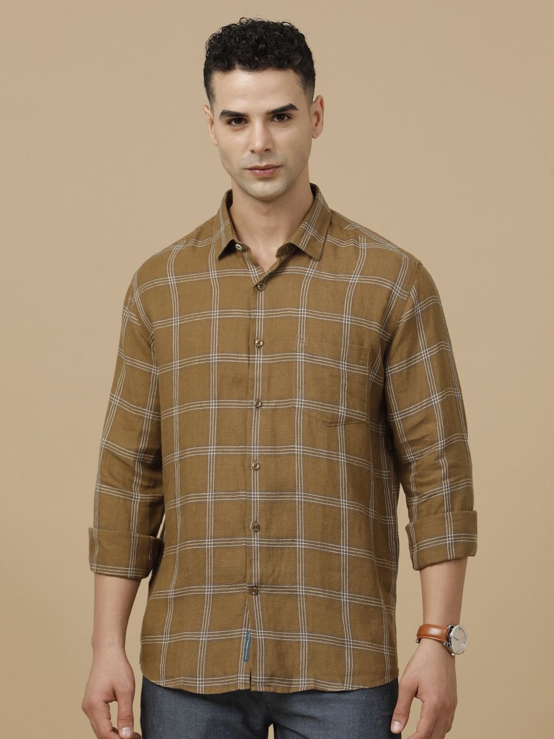 

Linen Club Contemporary Slim Fit Checked Pure Linen Casual Shirt, Brown