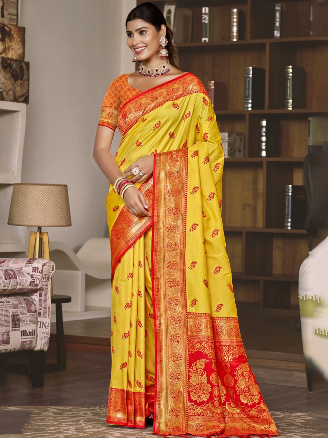 

SANGAM PRINTS Paisley Woven Design Zari Tussar Saree, Yellow