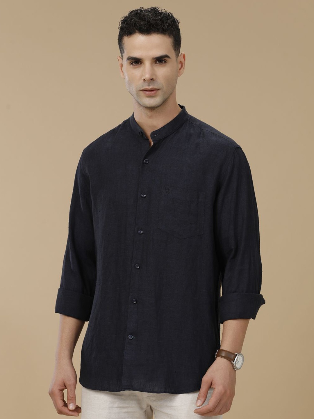 

Linen Club Contemporary Slim Fit Mandarin Collar Pure Linen Casual Shirt, Navy blue