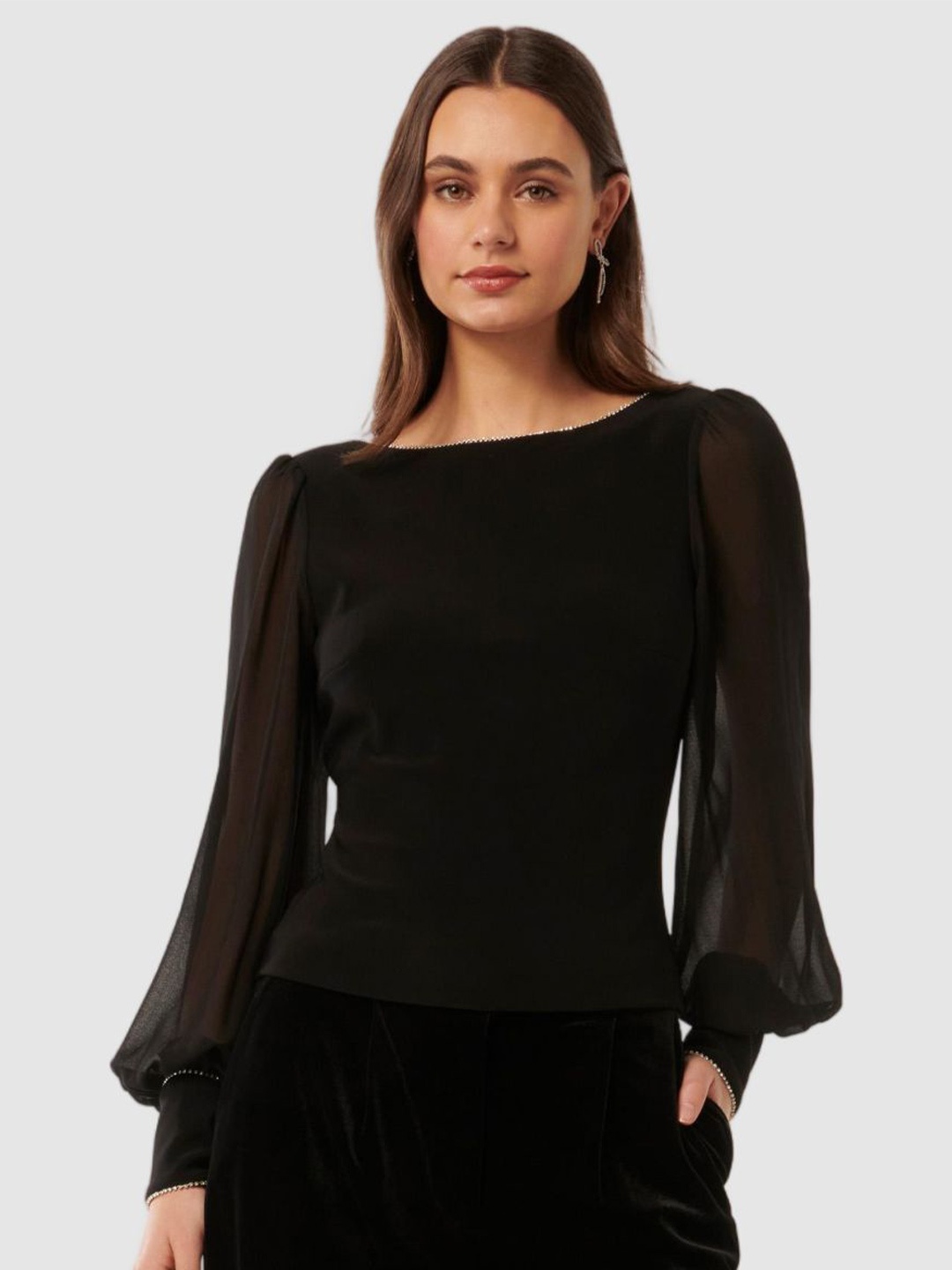 

Forever New Women Boat Neck Bishop Sleeves Top, Black