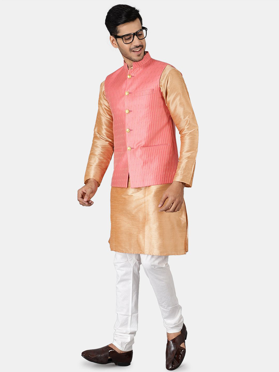 

Wintage Mandarin Collar Long Sleeves Straight Kurta with Pyjamas & Nehru Jacket, Gold