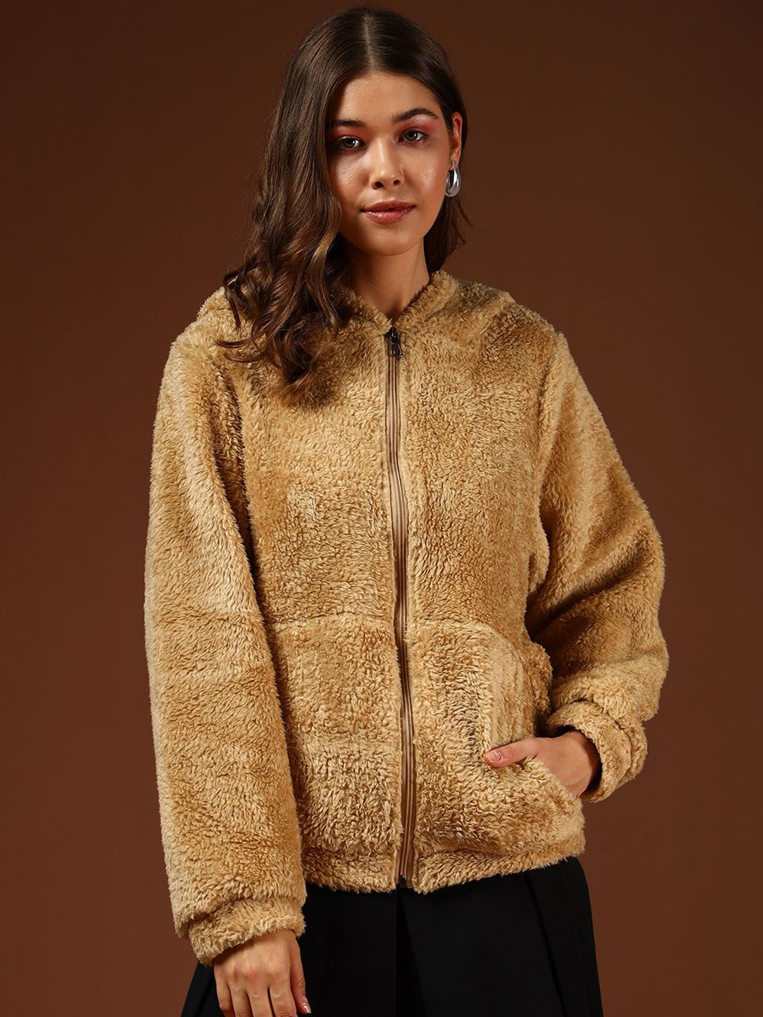 

The Dry State Women Open Front Jacket with Embroidered, Camel brown