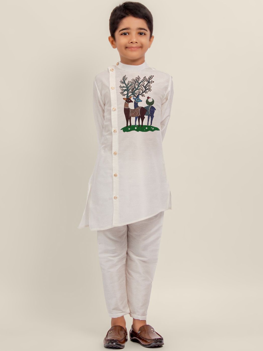 

DEVOILER Boys Ethnic Motifs Empire Dupion Silk Kurta with Pyjamas, White