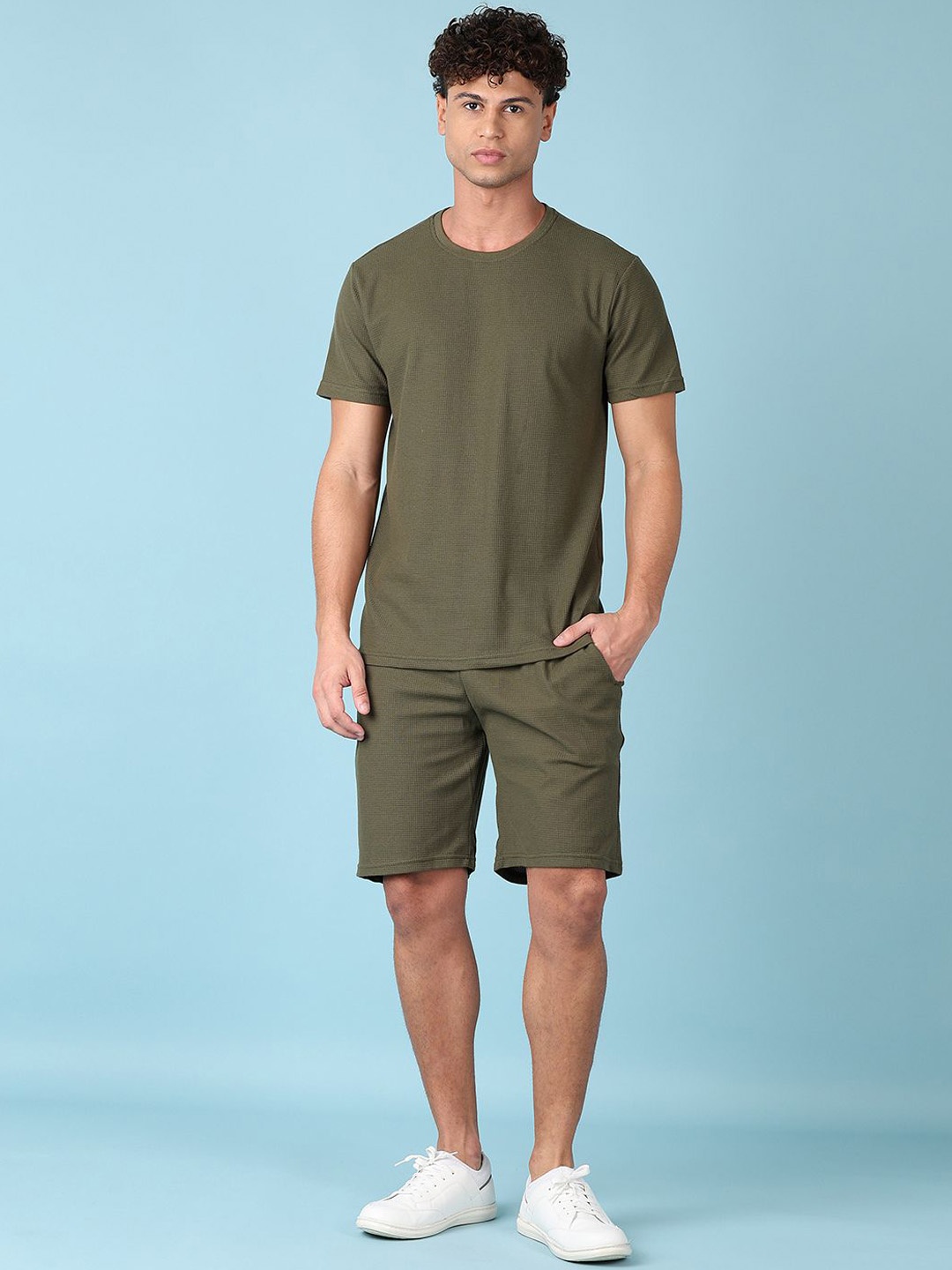 

V-Mart Round Neck Self Design Pure Cotton T-shirt & Shorts, Olive