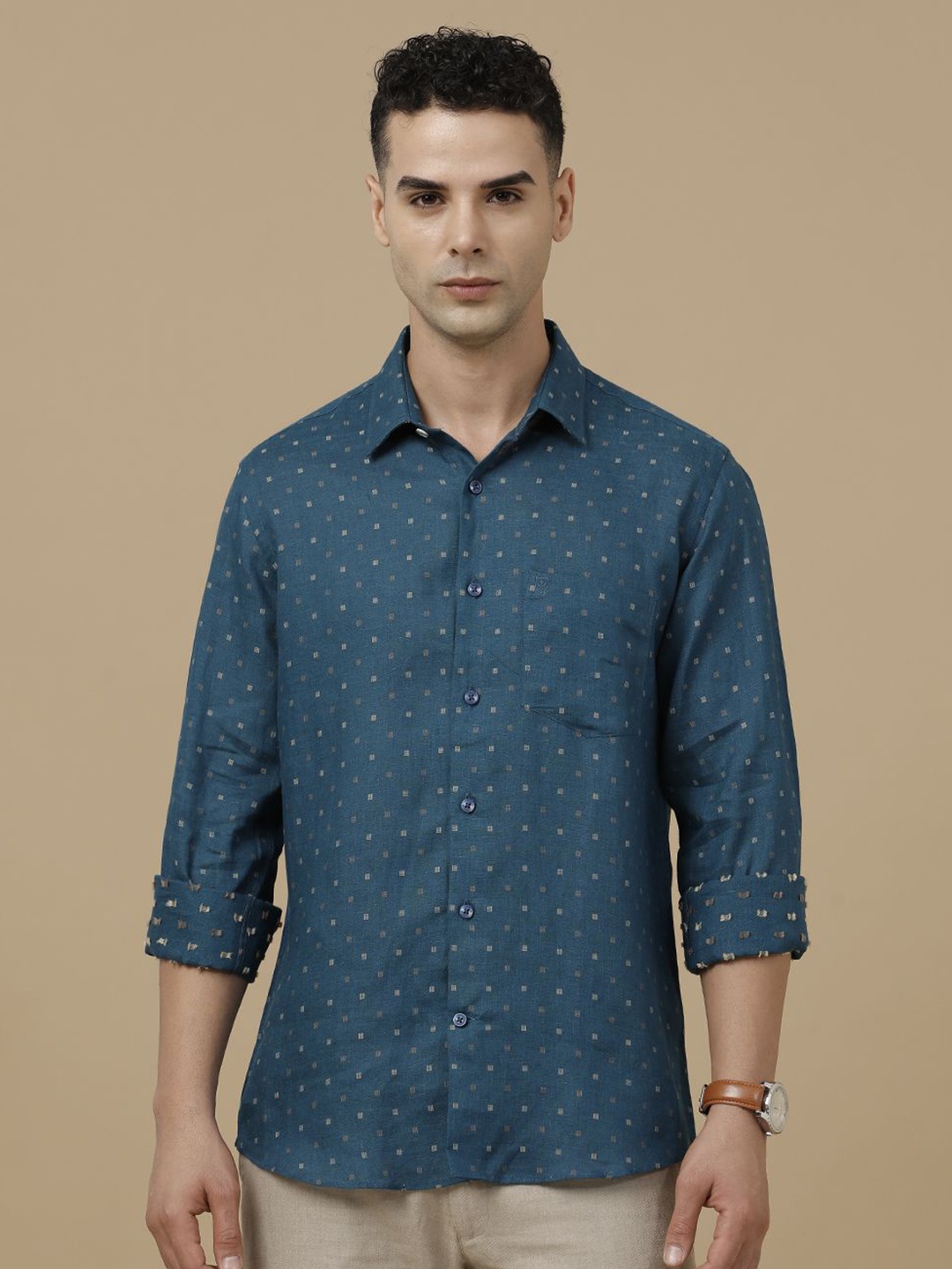 

Linen Club Contemporary Slim Fit Geometric Printed Pure Linen Casual Shirt, Blue