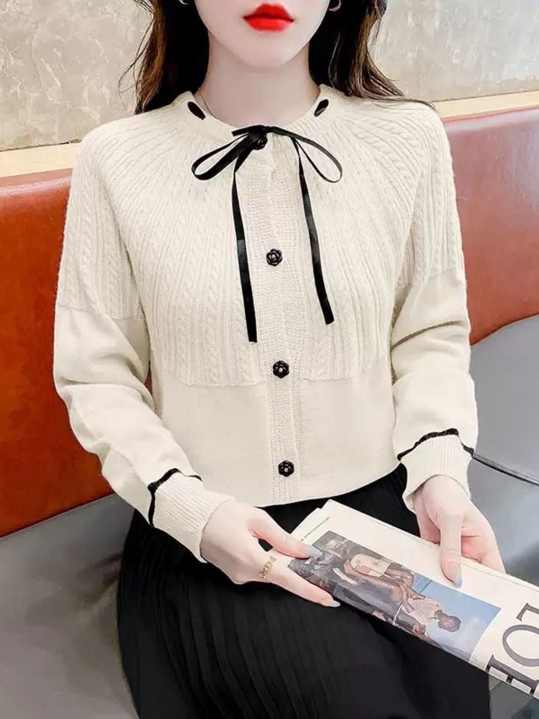 

StyleCast Women Cable Knit Round Neck Long Sleeves Front-Open Sweater, Cream