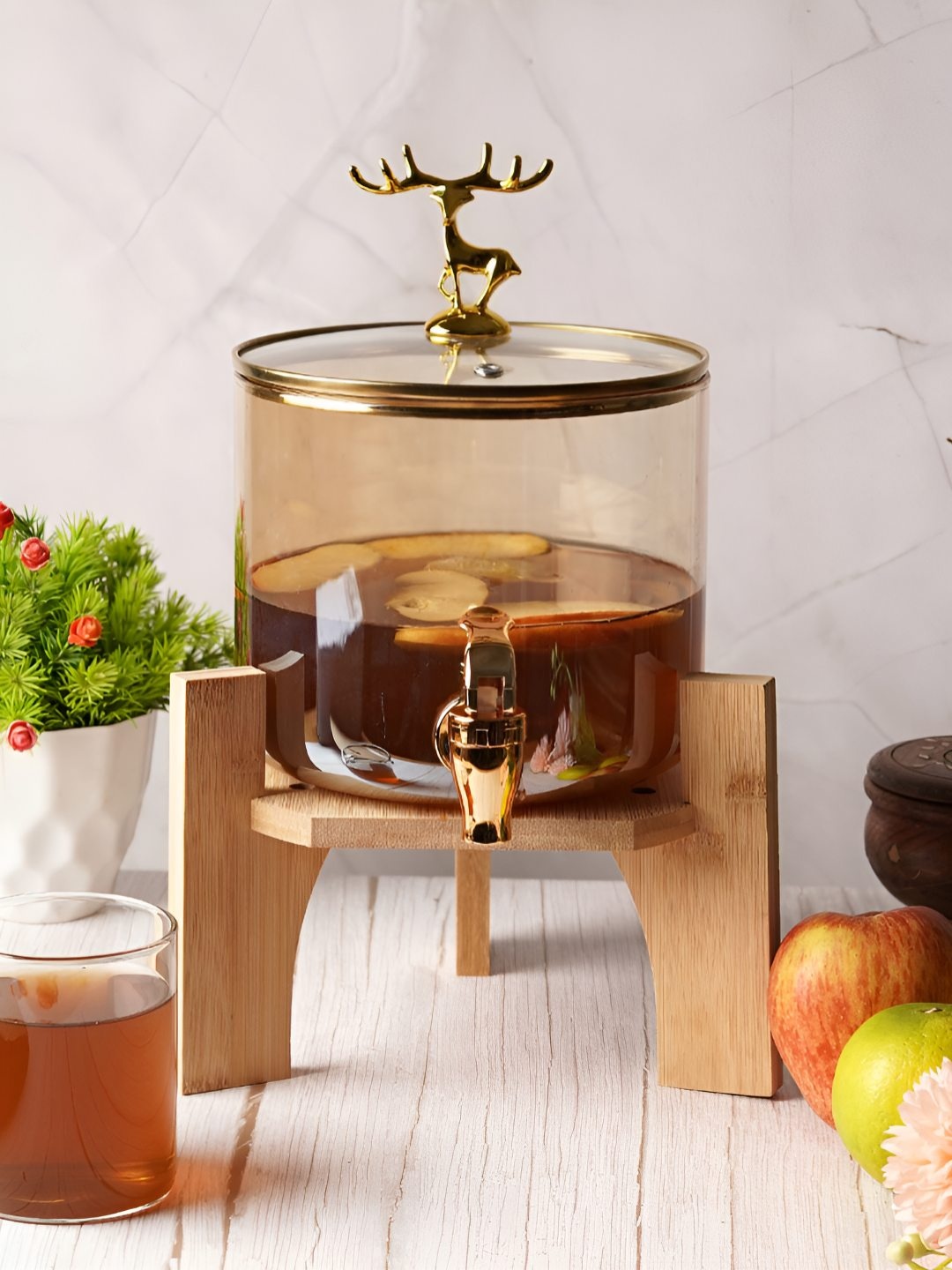 

ceradeco Glass Water Jugs With Wooden Stand-1600 ml, Brown