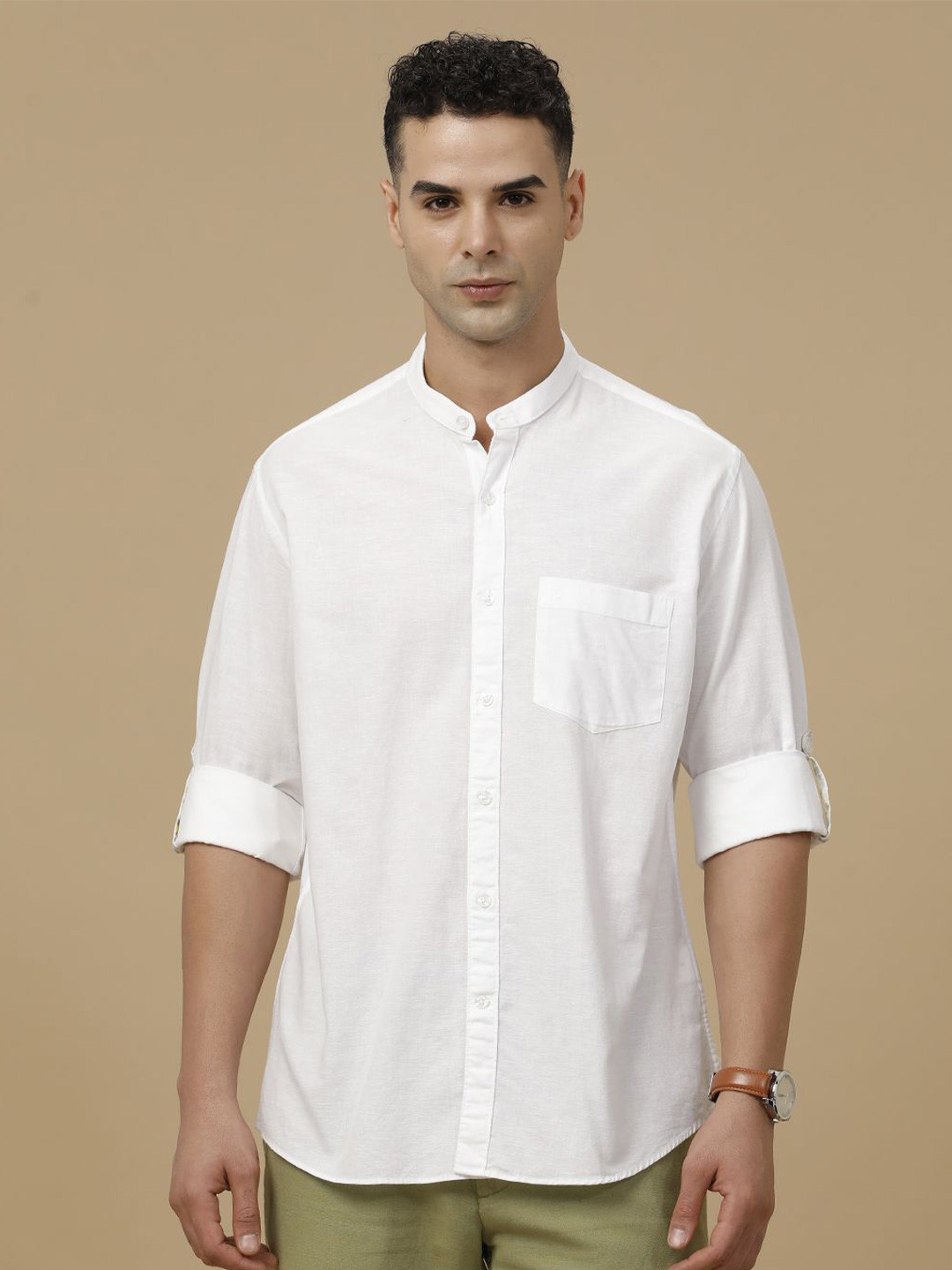 

CAVALLO by Linen Club Contemporary Slim Fit Mandarin Collar Roll-Up Sleeves Casual Shirt, White