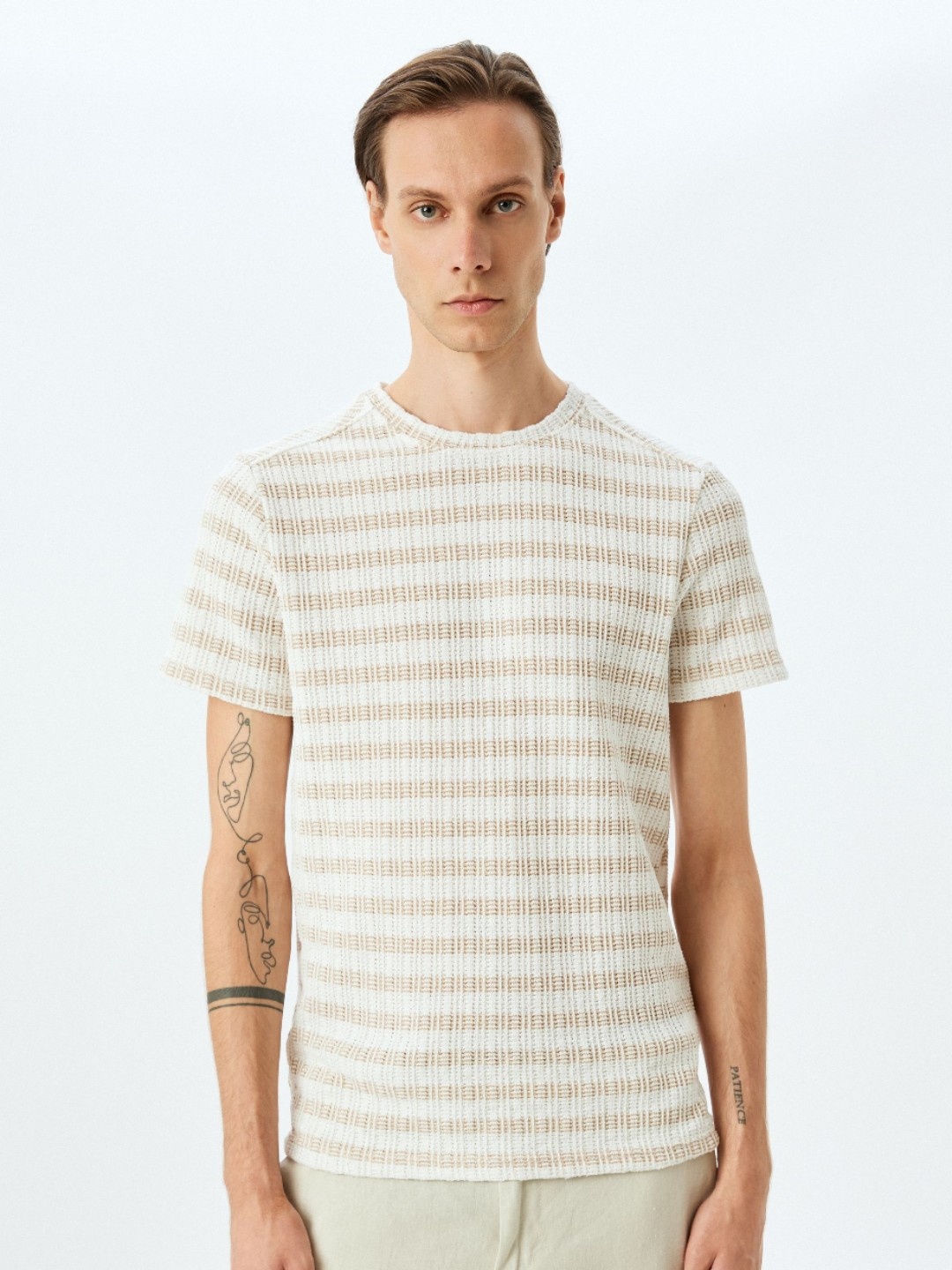 

Koton Men Self Design Round Neck T-shirt, Beige
