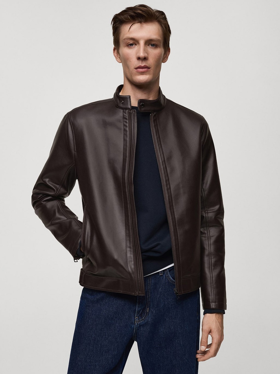 

MANGO MAN Faux Leather Trim Tailored Jacket, Coffee brown