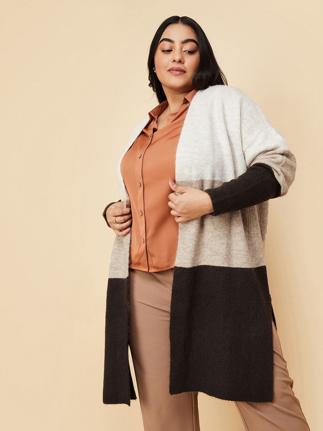 

max Women Colourblocked Longline Sweaters, Brown