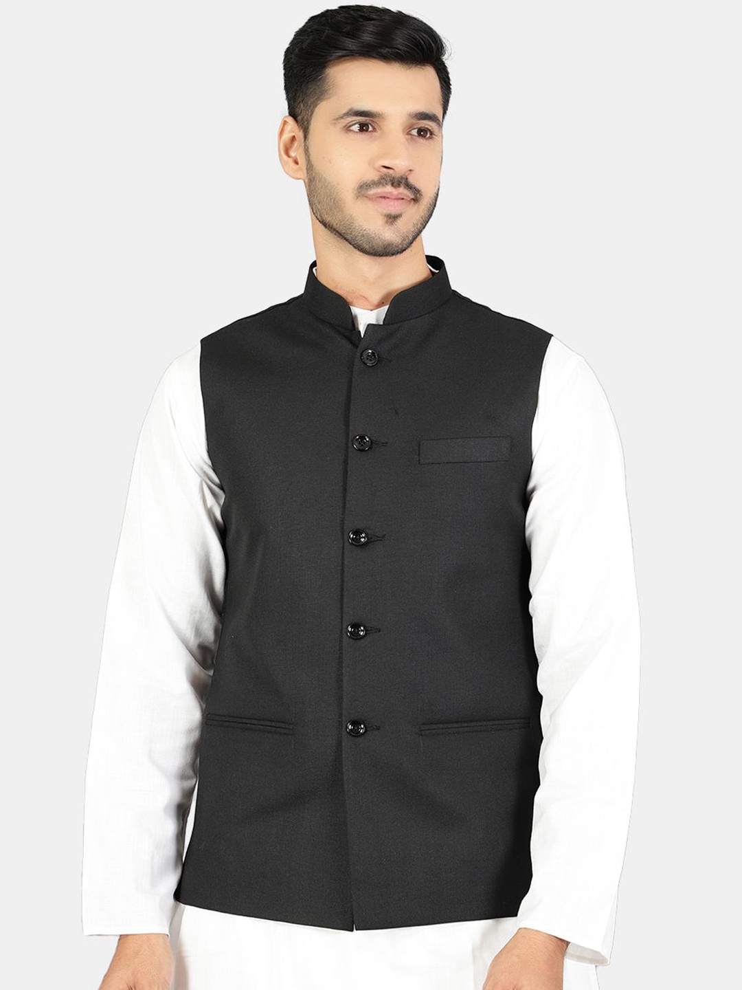 

Wintage Mandarin Collar White Romance Straight Kurta with Pyjamas & Nehru Jacket