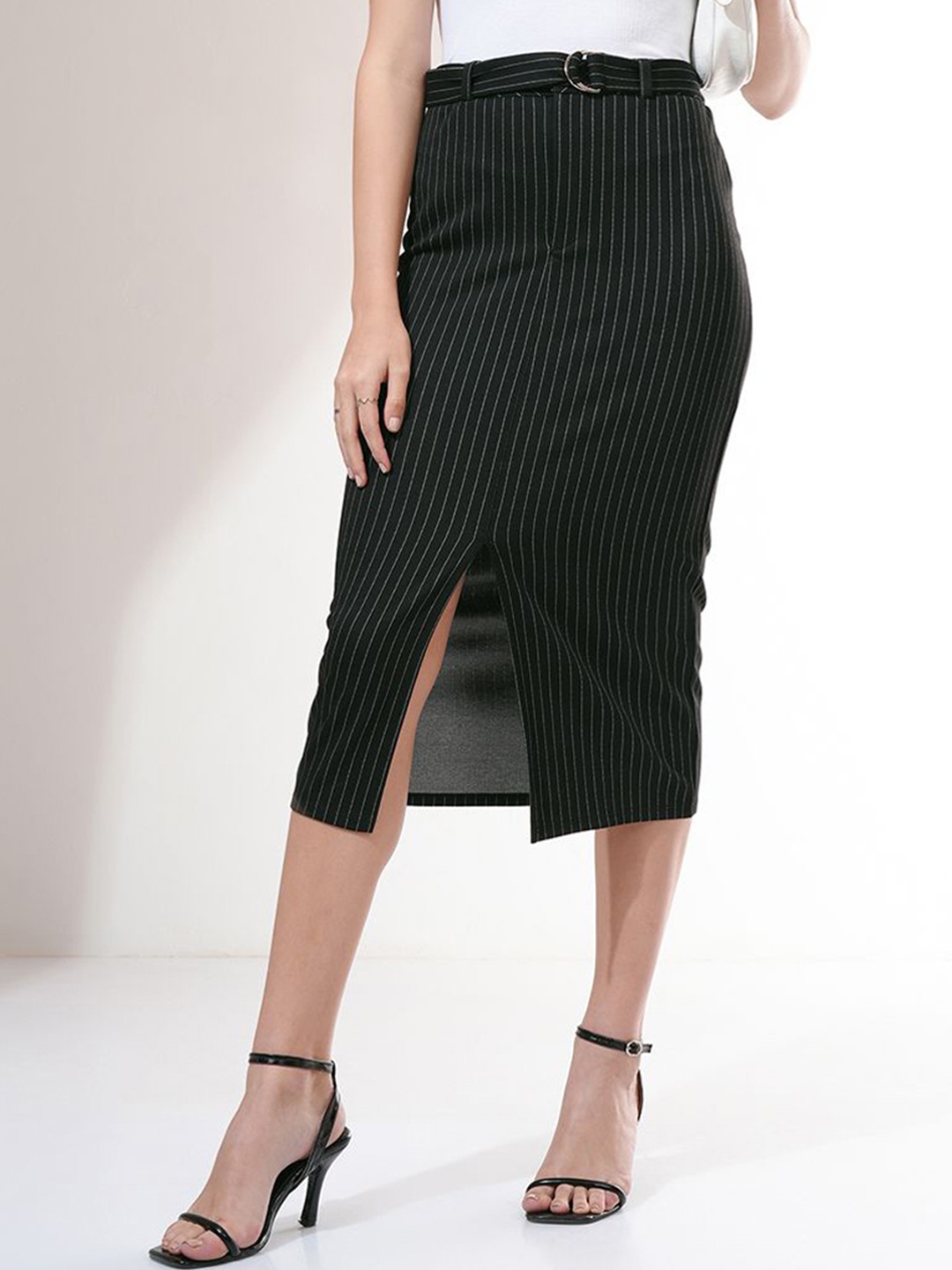 

CHIC BY TOKYO TALKIES Women Striped Pencil Midi Skirt, Black