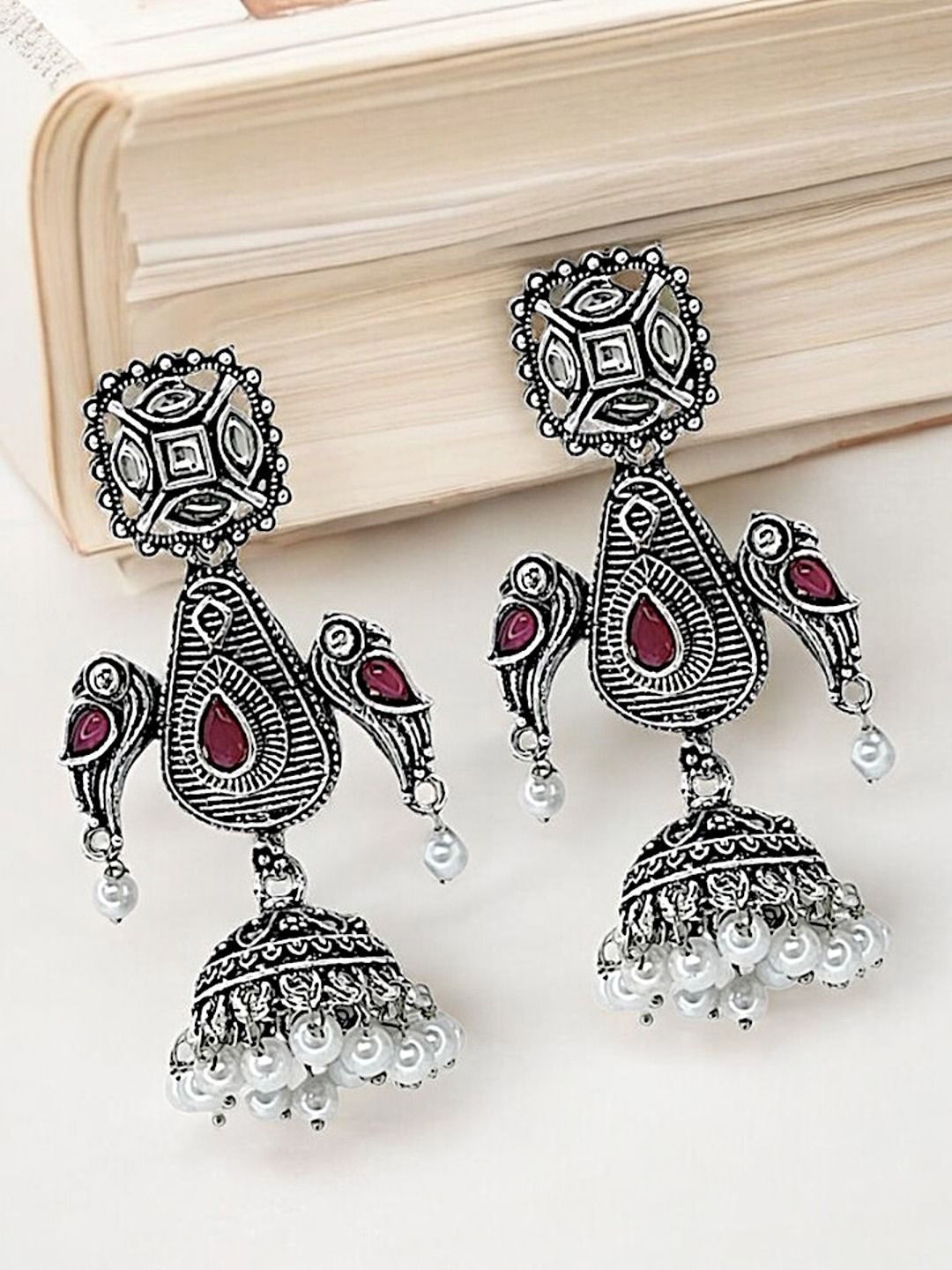 

FEMMIBELLA Silver-Plated Dome Shaped Stone Studded & Beaded Oxidized Jhumkas