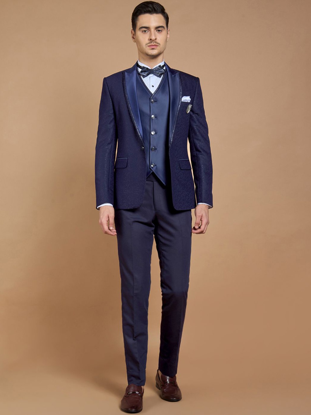 

Neumen Men Printed Single-Breasted Five-Piece Suit, Navy blue