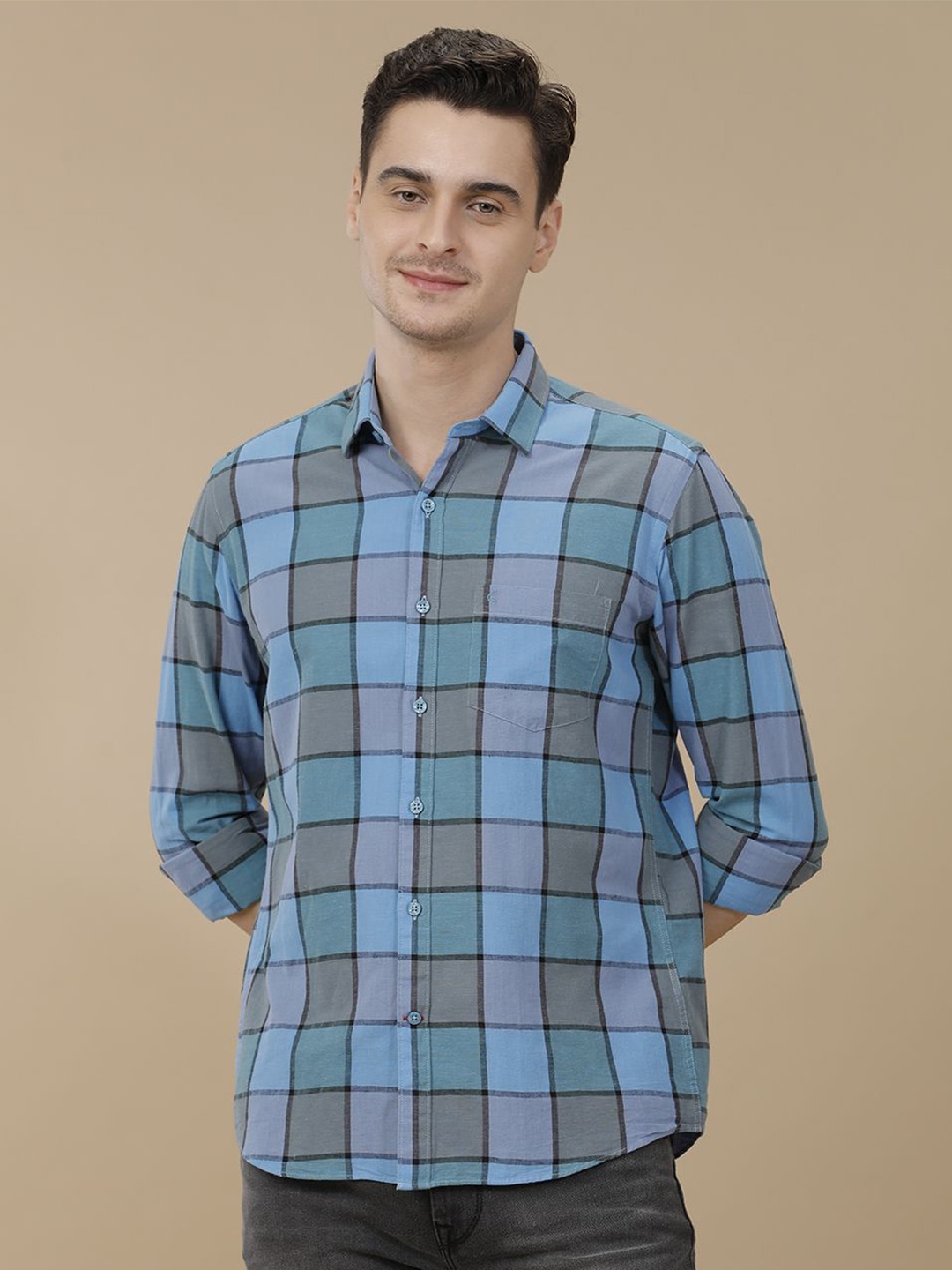 

CAVALLO by Linen Club Contemporary Slim Fit Checked Casual Shirt, Blue